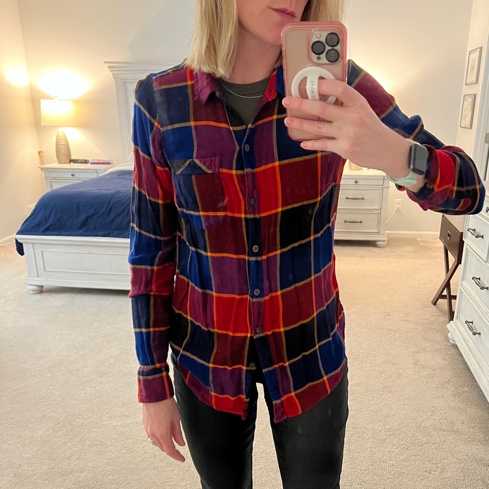 Lucky Brand Plaid Flannel Red Blue Long Sleeve Collared Shirt XS